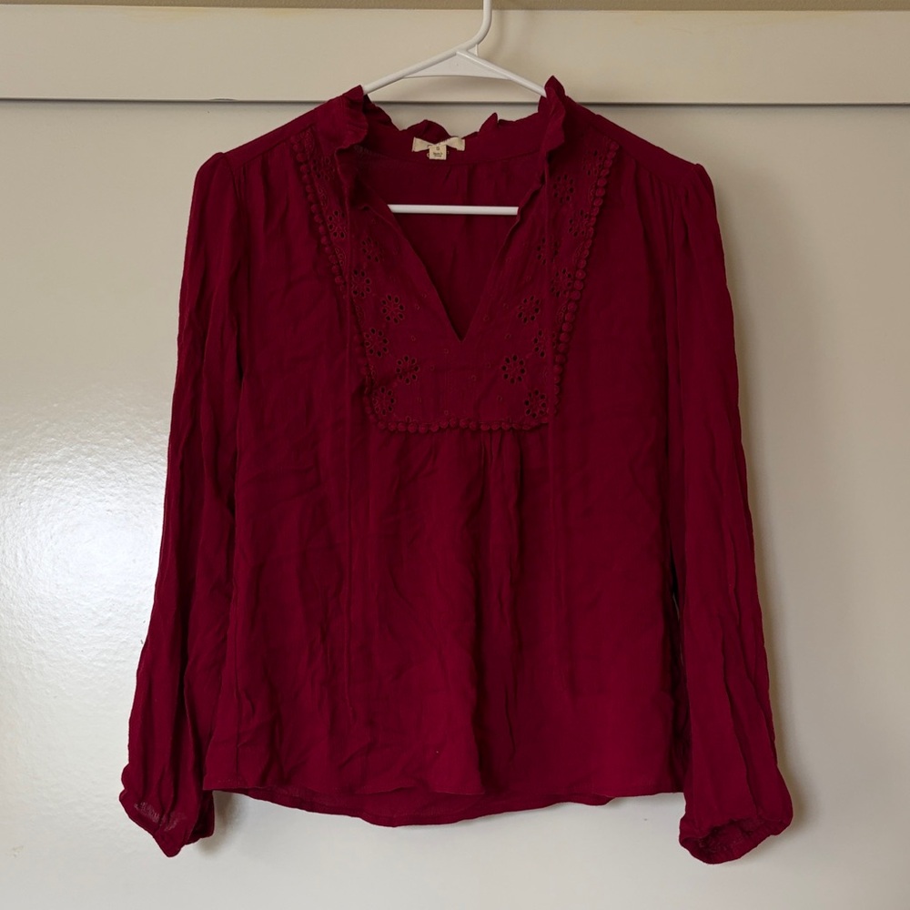 Button-Detail Wine Long-Sleeve V-Neck Peasant Blouse